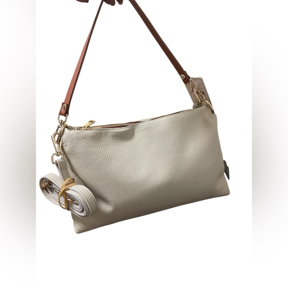 VALENTINA GRANULATED ITALIAN LEATHER  SHOULDER BAG WOMENS CREAM/TAN MULTI-ENTRY